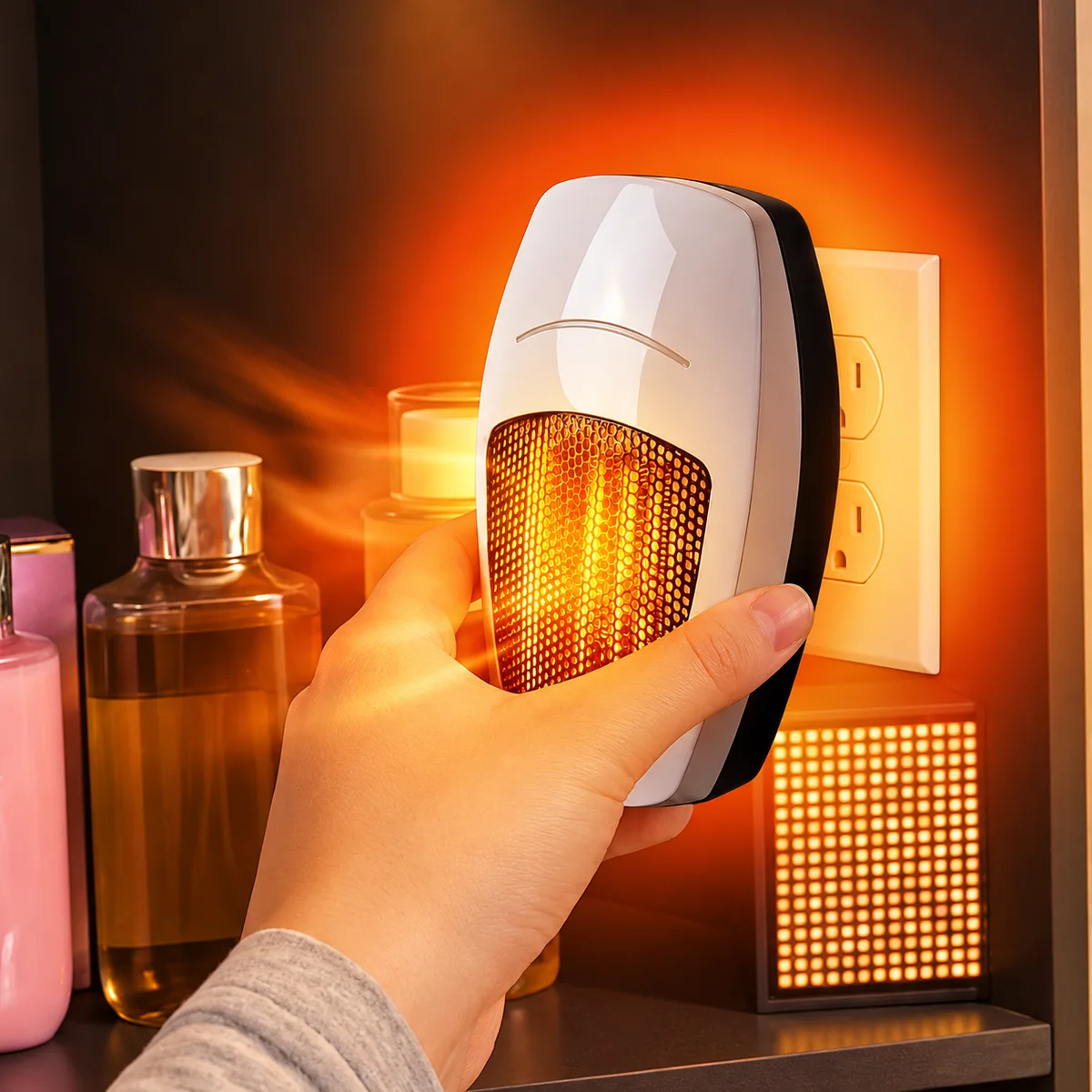Cyber Heater held near a wall outlet in a bathroom
