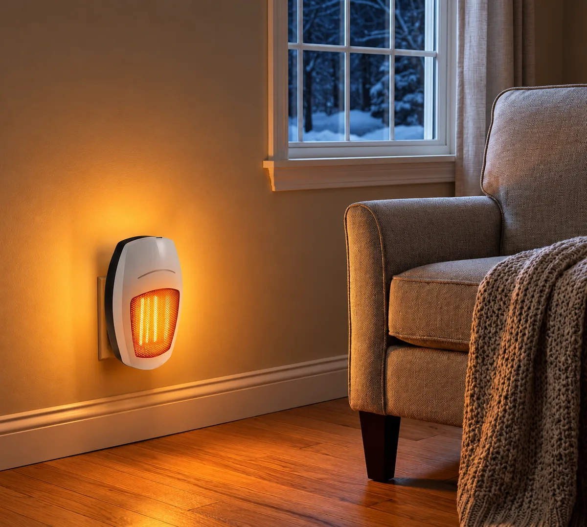 Cyber Heater plugged into a living room wall outlet on a winter evening